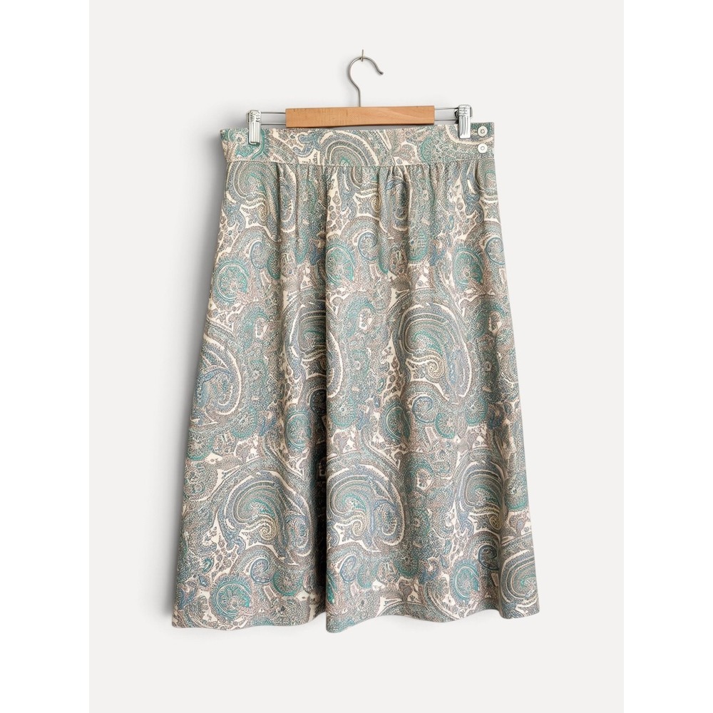 Talbots Midi Skirt Vintage Paisley Boho L Teal Tan A-Line Made in USA